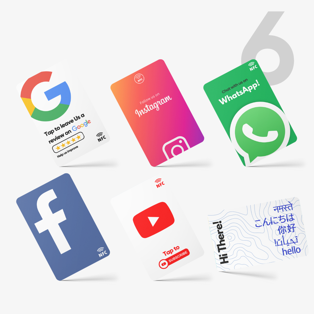 Google Review NFC Card, Pack of 6 cards, Facebook, Whatsapp, Instagram, Youtube and Digital Business Card