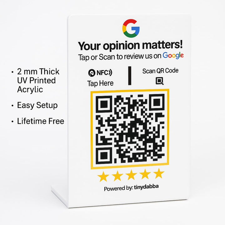 tinydabba L-shaped NFC and QR review standee for review | 2mm acrylic | UV printed | 4x6 inch | easy setup with online panel