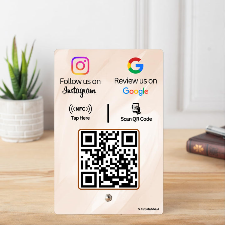 Review + Instagram 2-in-1 combo NFC Standee with QR Code | Boost Business Reviews with Tap or Scan | Pre-Configured | UV Printed Acrylic | 4 Inches x 6 Inches | With Dashboard