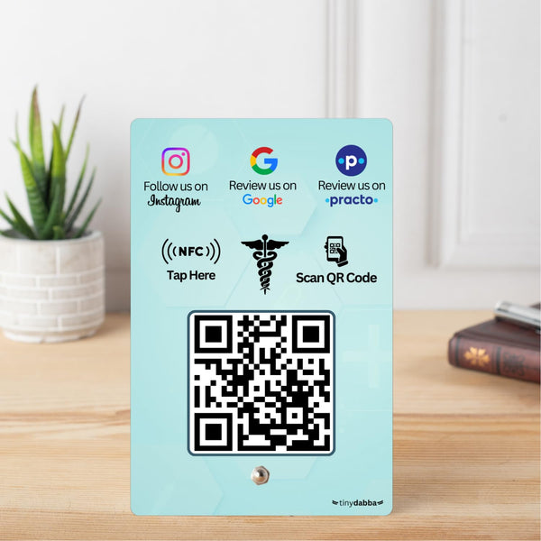 Practo + Review + Instgram 3-in-1 Doctor combo NFC Standee with QR Code | Boost Reviews with Tap or Scan | Pre-Configured | UV Printed Acrylic | 4 Inches x 6 Inches | With Dashboard