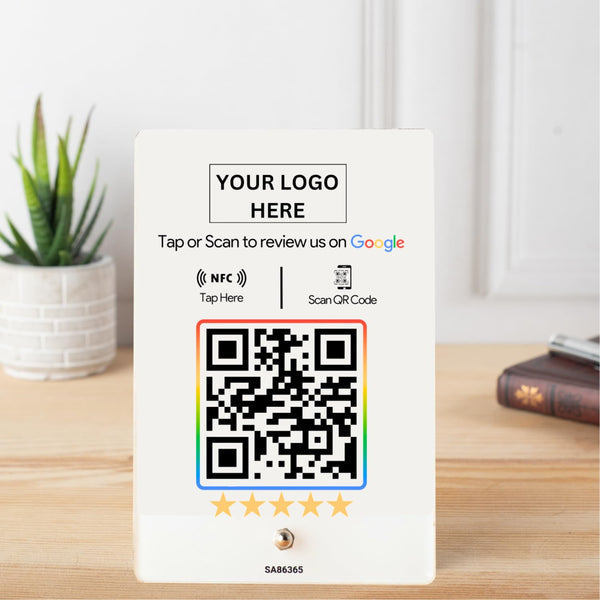 Custom Review NFC Standee with QR Code | Boost Business Reviews with Tap or Scan | Pre-Configured | UV Printed Acrylic | 4 Inches x 6 Inches | With Dashboard