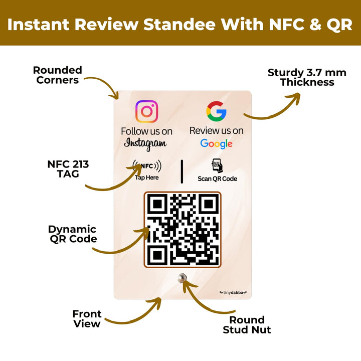 Review + Instagram 2-in-1 combo NFC Standee with QR Code | Boost Business Reviews with Tap or Scan | Pre-Configured | UV Printed Acrylic | 4 Inches x 6 Inches | With Dashboard