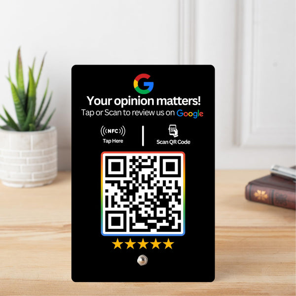 Review NFC Standee with QR Code | Boost Business Reviews with Tap or Scan | Pre-Configured | UV Printed Acrylic | 4 Inches x 6 Inches | Black