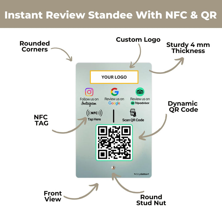 Custom Review NFC Standee with QR Code for Hotel & Cafe | 3-in-1 | Boost Business Reviews with Tap or Scan | Pre-Configured | UV Printed Acrylic | 4 Inches x 6 Inches | With Dashboard | Design Nine