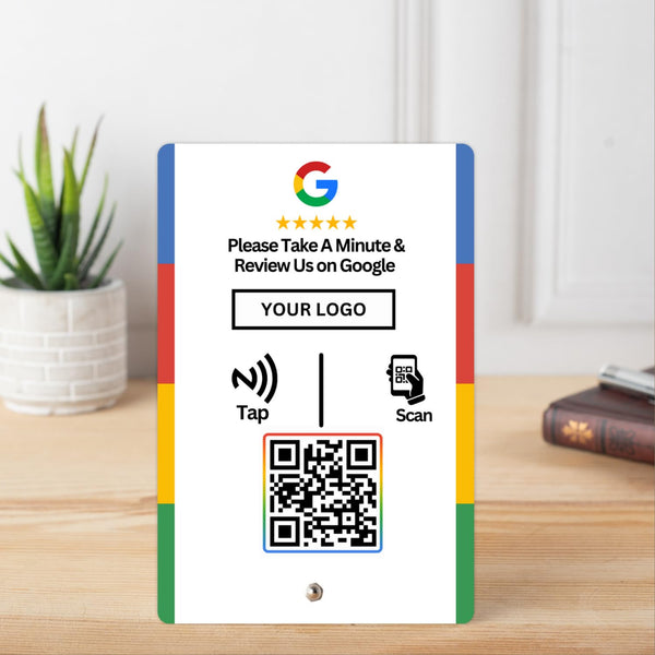 Custom Review NFC Standee with QR Code | Boost Business Reviews with Tap or Scan | Pre-Configured | UV Printed Acrylic | 4 Inches x 6 Inches | With Dashboard | With Coloured Border