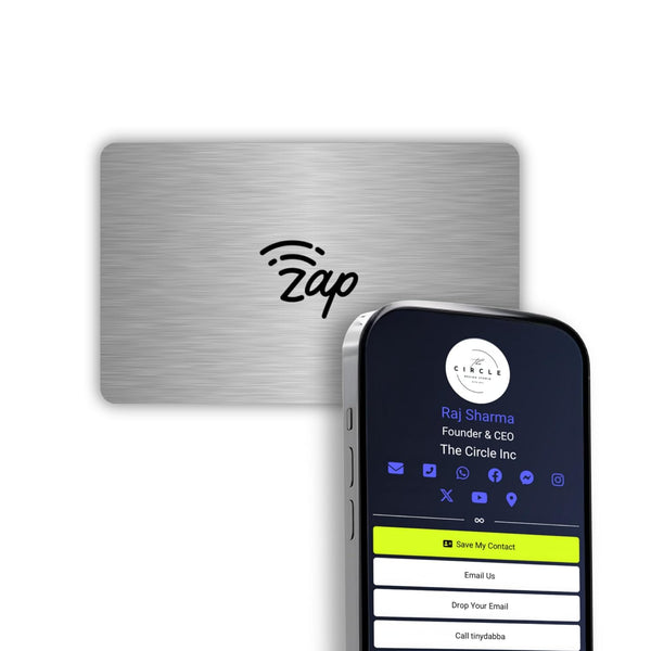 tinydabba Zap NFC Smart Digital Business Card – Tap to Share Contact & Social Media Instantly | No App Needed | QR + NFC Card | Reusable Contactless Networking Card | Metal | SS - Silver