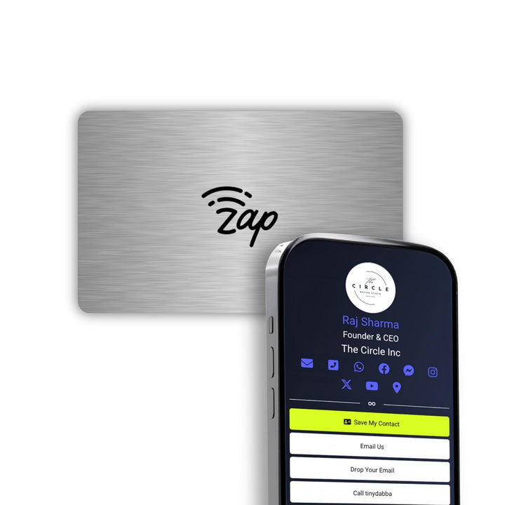 tinydabba Zap NFC Smart Digital Business Card – Tap to Share Contact & Social Media Instantly | No App Needed | QR + NFC Card | Reusable Contactless Networking Card | Metal | SS - Silver