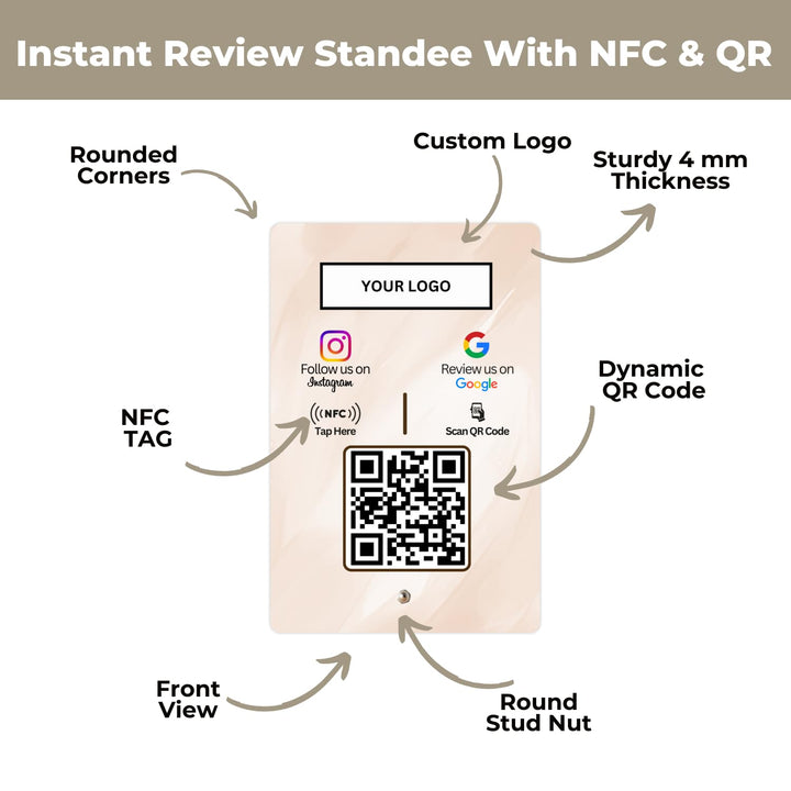 Custom Review + Instagram 2-in-1 combo NFC Standee with QR Code | Boost Business Reviews with Tap or Scan | Pre-Configured | UV Printed Acrylic | 4 Inches x 6 Inches | With Dashboard