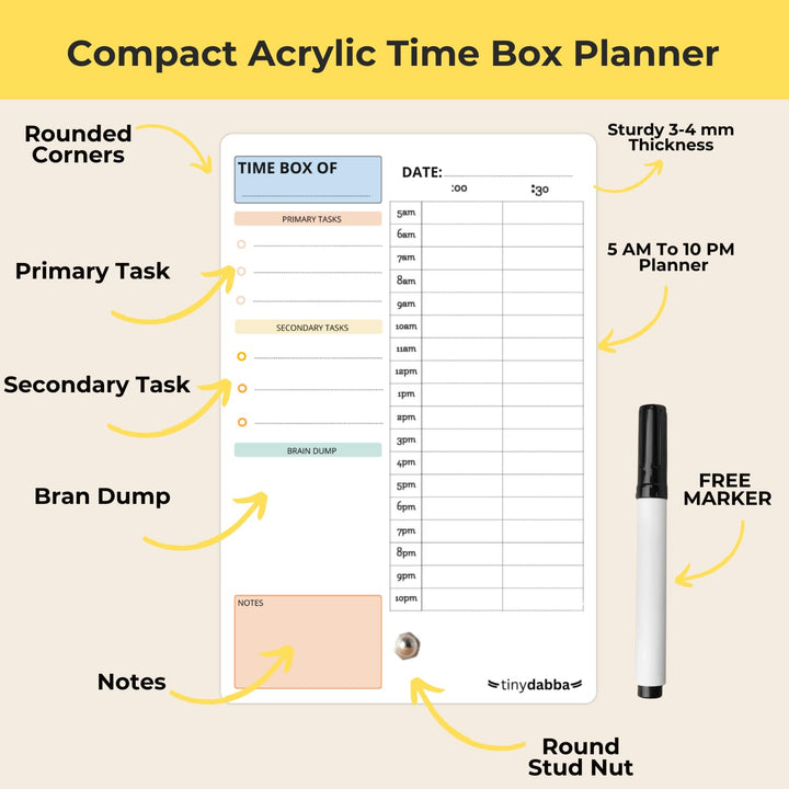 tinydabba Daily Planner Organizer, Timebox (4x6 inch) - Rub and Reuse Daily Planner Organizer with Free Marker | Manage Your Time, Boost Productivity, and Plan Smartly