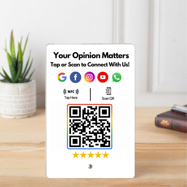 All In one NFC Standee for Review, Facebook, Instagram, X, WhatsApp, CRM, YouTube, E-Mail & Website | Along with QR Code | Unlimited Links | UV Printed | White