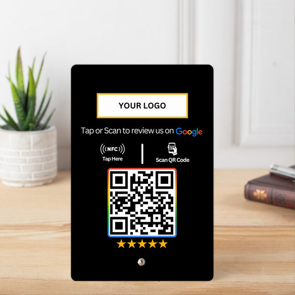 Custom Review NFC Standee with QR Code | Boost Business Reviews with Tap or Scan | Pre-Configured | UV Printed Acrylic | 4 Inches x 6 Inches | With Dashboard | Black