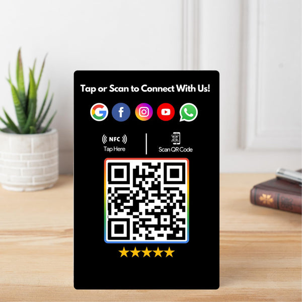 All In one NFC Standee for Review, Facebook, Instagram, X, WhatsApp, CRM, YouTube, E-Mail & Website | Along with QR Code | Unlimited Links | UV Printed | Black