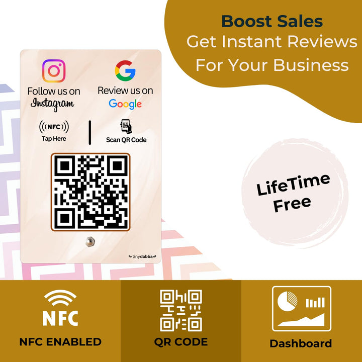 Review + Instagram 2-in-1 combo NFC Standee with QR Code | Boost Business Reviews with Tap or Scan | Pre-Configured | UV Printed Acrylic | 4 Inches x 6 Inches | With Dashboard