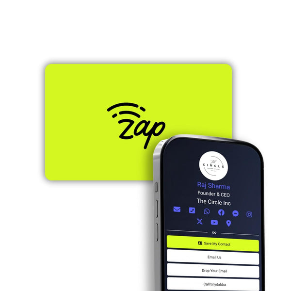 tinydabba Zap NFC Smart Digital Business Card – Tap to Share Contact & Social Media Instantly | No App Needed | QR + NFC Card | Reusable Contactless Networking Card | PVC | Neon Yellow