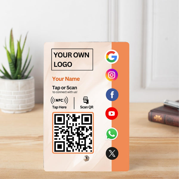 All in One Custom Review NFC Standee with QR Code | Boost Business Reviews with Tap or Scan | Pre-Configured | UV Printed Acrylic | 4 Inches x 6 Inches | With Dashboard