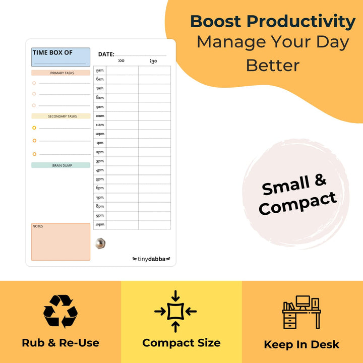 tinydabba Daily Planner Organizer, Timebox (4x6 inch) - Rub and Reuse Daily Planner Organizer with Free Marker | Manage Your Time, Boost Productivity, and Plan Smartly