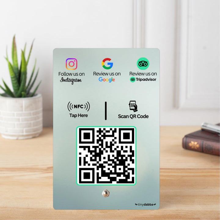 Instgram + Review + tripadvisor 3-in-1 combo NFC Standee with QR Code | Boost Business Reviews with Tap or Scan | Pre-Configured | UV Printed Acrylic | 4 Inches x 6 Inches | With Dashboard