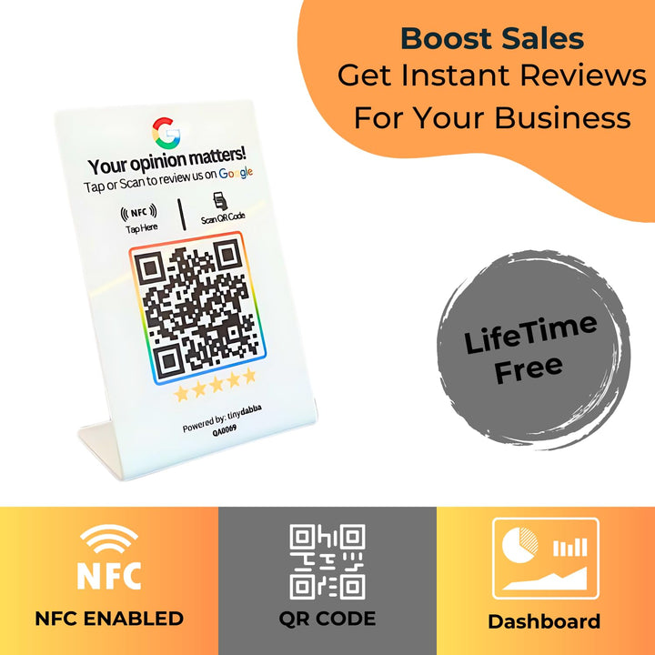 tinydabba L-shaped NFC and QR review standee for review | 2mm acrylic | UV printed | 4x6 inch | easy setup with online panel