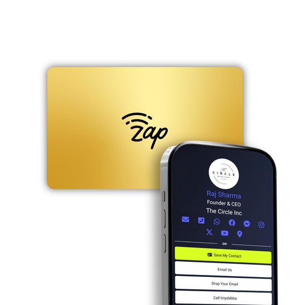 tinydabba Zap NFC Smart Digital Business Card – Tap to Share Contact & Social Media Instantly | No App Needed | QR + NFC Card | Reusable Contactless Networking Card | Metal | Gold - Golden