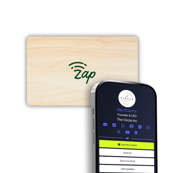 tinydabba Zap NFC Smart Digital Business Card – Tap to Share Contact & Social Media Instantly | No App Needed | QR + NFC Card | Reusable Contactless Networking Card | Wooden | Bamboo