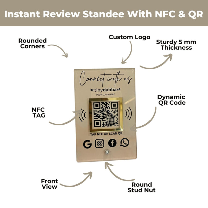 Premium All in One Custom Review NFC Standee with QR Code | Boost Business Reviews with Tap or Scan | Pre-Configured | UV Printed Acrylic | 4 Inches x 6 Inches | With Dashboard