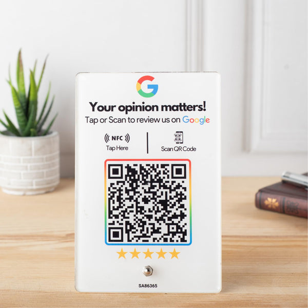 Review NFC Standee with QR Code | Boost Business Reviews with Tap or Scan | Pre-Configured | UV Printed Acrylic | 4 Inches x 6 Inches | With Dashboard