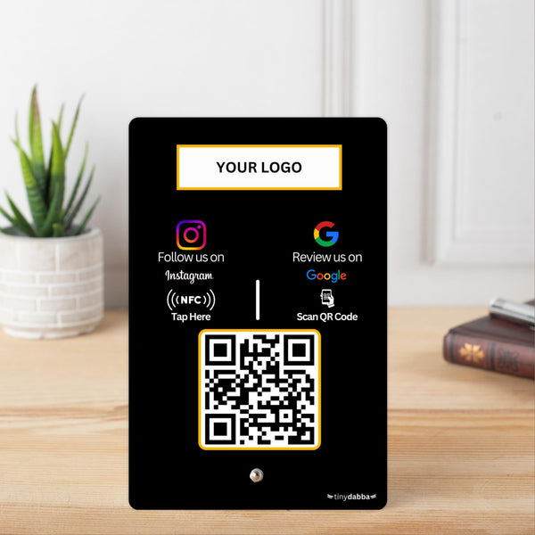 Custom Review + Instagram 2-in-1 combo NFC Standee with QR Code | Boost Business Reviews with Tap or Scan | Pre-Configured | UV Printed Acrylic | 4 Inches x 6 Inches | With Dashboard | Black