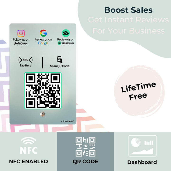 Instgram + Review + tripadvisor 3-in-1 combo NFC Standee with QR Code | Boost Business Reviews with Tap or Scan | Pre-Configured | UV Printed Acrylic | 4 Inches x 6 Inches | With Dashboard