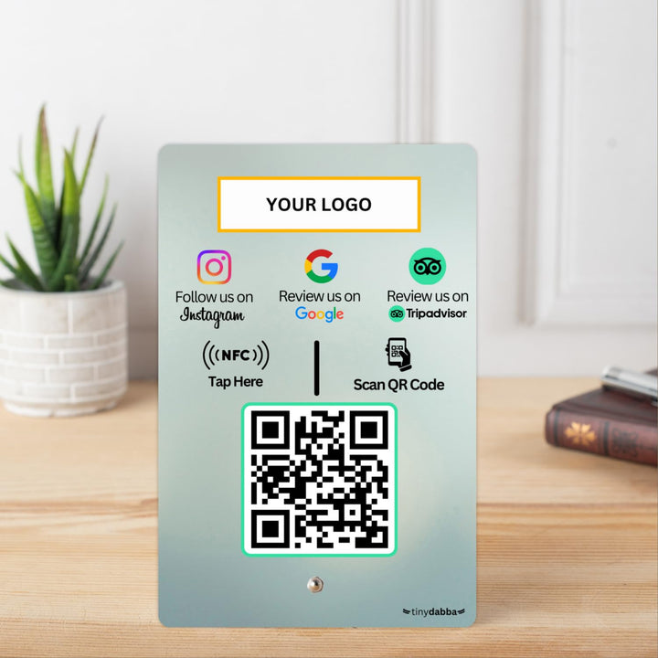 Custom Review NFC Standee with QR Code for Hotel & Cafe | 3-in-1 | Boost Business Reviews with Tap or Scan | Pre-Configured | UV Printed Acrylic | 4 Inches x 6 Inches | With Dashboard | Design Nine