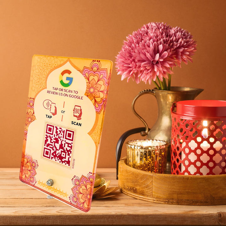 Diwali Edition Review NFC Standee with QR Code | Boost Business Reviews with Tap or Scan | Pre-Configured | UV Printed Acrylic | 4 Inches x 6 Inches | With Dashboard