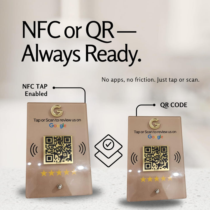 tinydabba NFC & QR Tap or Scan Standee for Business | Shops, Clinics, Salons, Restaurants | Golden QR With Integrated NFC - Acrylic Standee