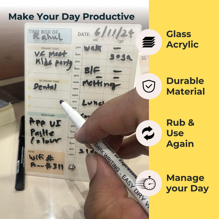 tinydabba Daily Planner Organizer, Timebox (4x6 inch) - Rub and Reuse Daily Planner Organizer with Free Marker | Manage Your Time, Boost Productivity, and Plan Smartly