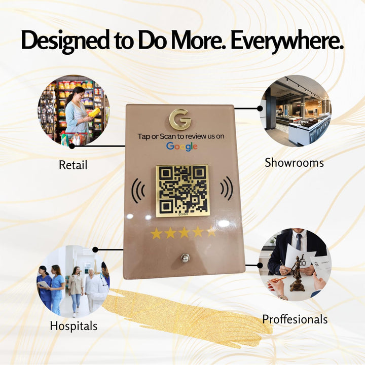 tinydabba NFC & QR Tap or Scan Standee for Business | Shops, Clinics, Salons, Restaurants | Golden QR With Integrated NFC - Acrylic Standee