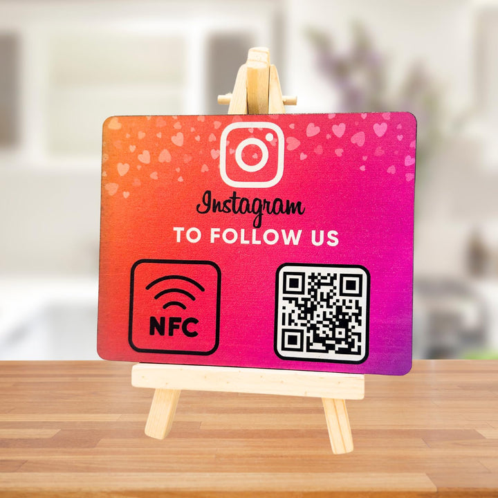 Wooden Instagrm NFC Standee with QR Code (With Wooden Stand) | Boost Business Reviews with Tap or Scan | Pre-Configured | UV Printed Wood MDF | 4 Inches x 5 Inches | With Dashboard