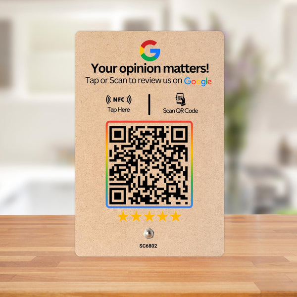 Wooden Review NFC Standee with QR Code | Boost Business Reviews with Tap or Scan | Pre-Configured | UV Printed Wood MDF | 4 Inches x 6 Inches | MDF | With Dashboard | Lifetime Free