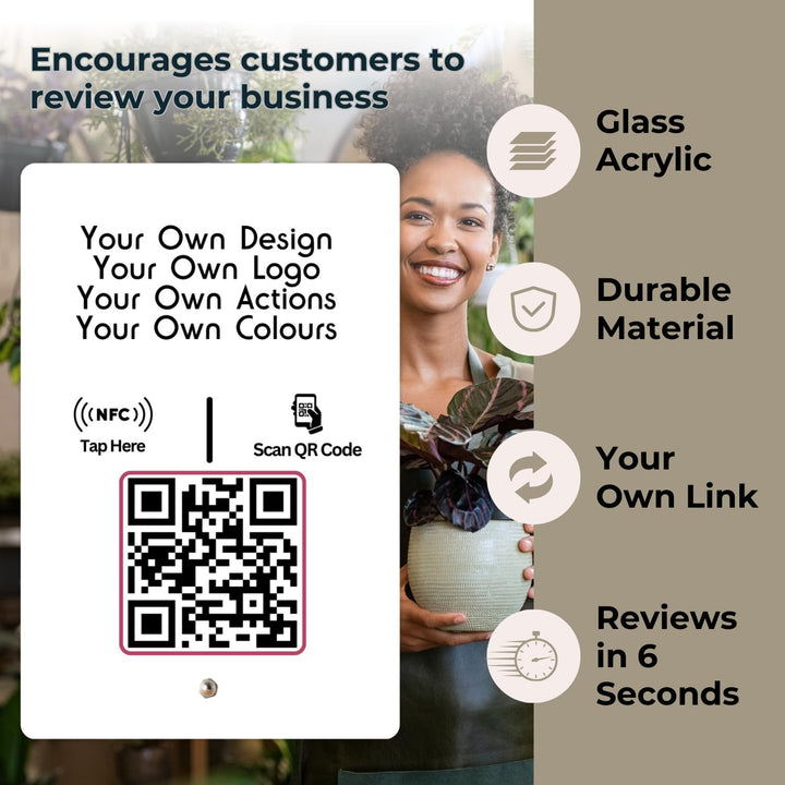 Set Your Own Design | Fully Custom Review NFC Standee with QR Code | UV Printed | 4 Inches x 6 Inches | With Dashboard | Own Action | Wood Or Acrylic