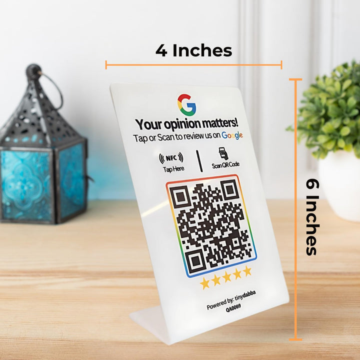tinydabba L-shaped NFC and QR review standee for review | 2mm acrylic | UV printed | 4x6 inch | easy setup with online panel