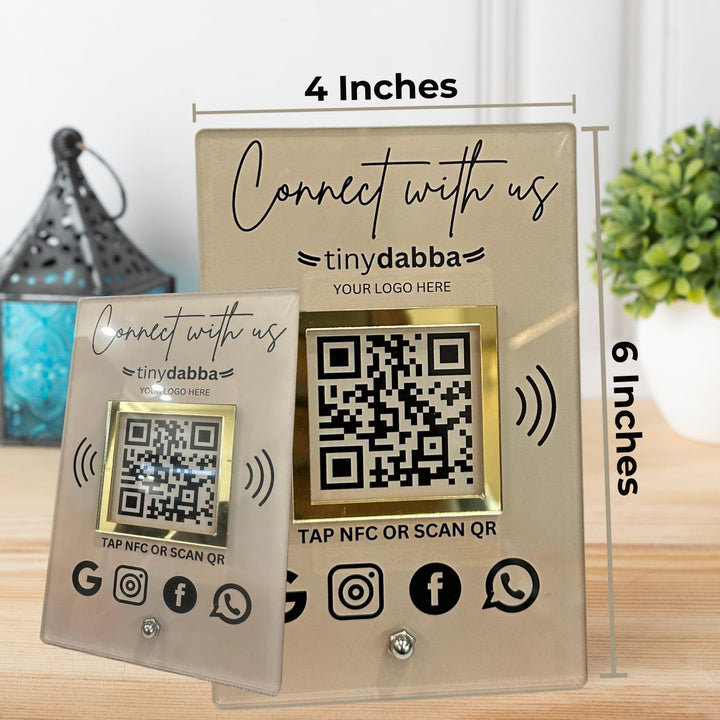 Premium All in One Custom Review NFC Standee with QR Code | Boost Business Reviews with Tap or Scan | Pre-Configured | UV Printed Acrylic | 4 Inches x 6 Inches | With Dashboard