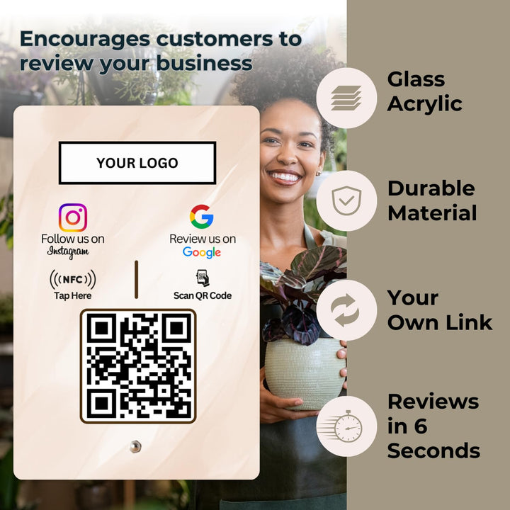 Custom Review + Instagram 2-in-1 combo NFC Standee with QR Code | Boost Business Reviews with Tap or Scan | Pre-Configured | UV Printed Acrylic | 4 Inches x 6 Inches | With Dashboard