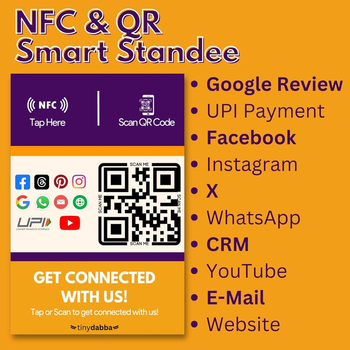 NFC Standee for Review, UPI payment, Facebook, Instagram, X, WhatsApp, CRM, YouTube, E-Mail & Website | Along with QR Code