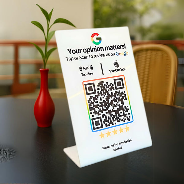 tinydabba L-shaped NFC and QR review standee for review | 2mm acrylic | UV printed | 4x6 inch | easy setup with online panel