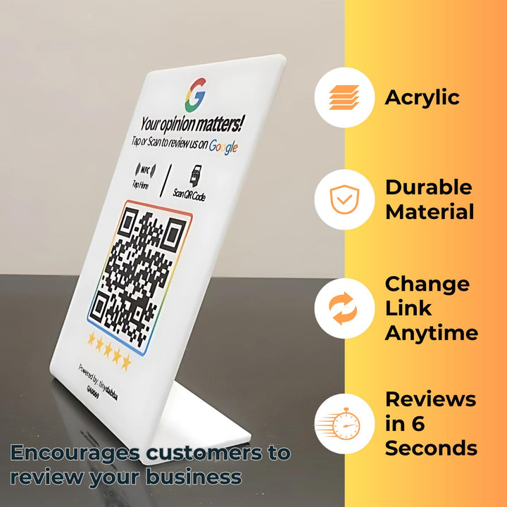 tinydabba L-shaped NFC and QR review standee for review | 2mm acrylic | UV printed | 4x6 inch | easy setup with online panel