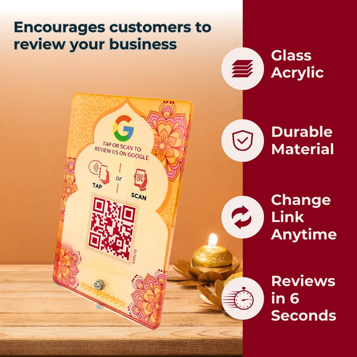 Diwali Edition Review NFC Standee with QR Code | Boost Business Reviews with Tap or Scan | Pre-Configured | UV Printed Acrylic | 4 Inches x 6 Inches | With Dashboard