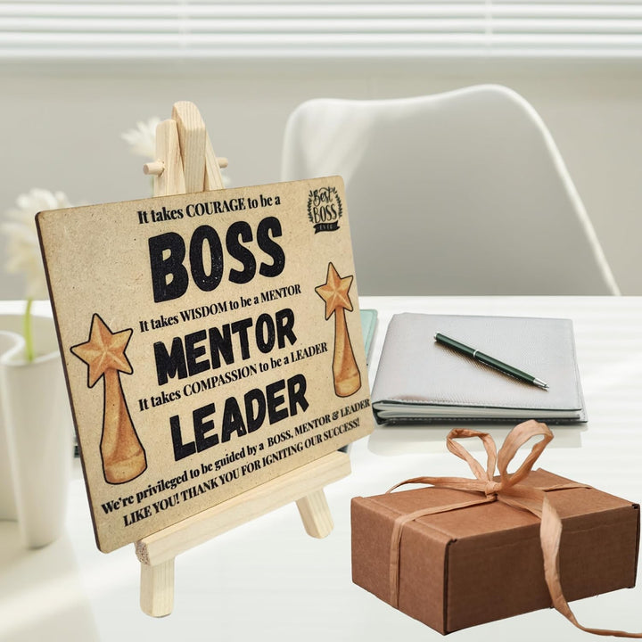 tinydabba Wooden Desk Plaque with Easel – BOSS MENTOR LEADER Gift Plaque (4×5 Inches) – Thank You Appreciation Gift for Managers, Coaches, and Team Leaders