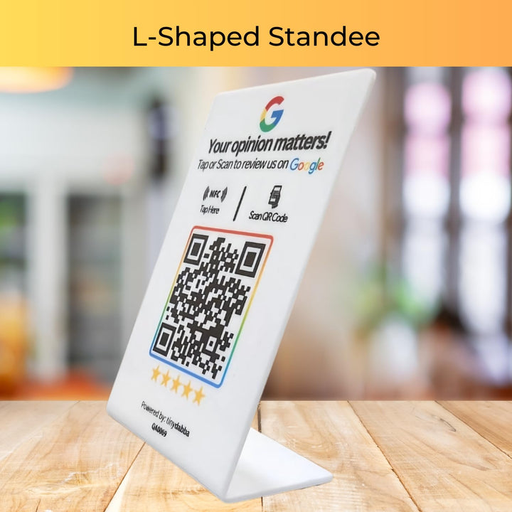 tinydabba L-shaped NFC and QR review standee for review | 2mm acrylic | UV printed | 4x6 inch | easy setup with online panel