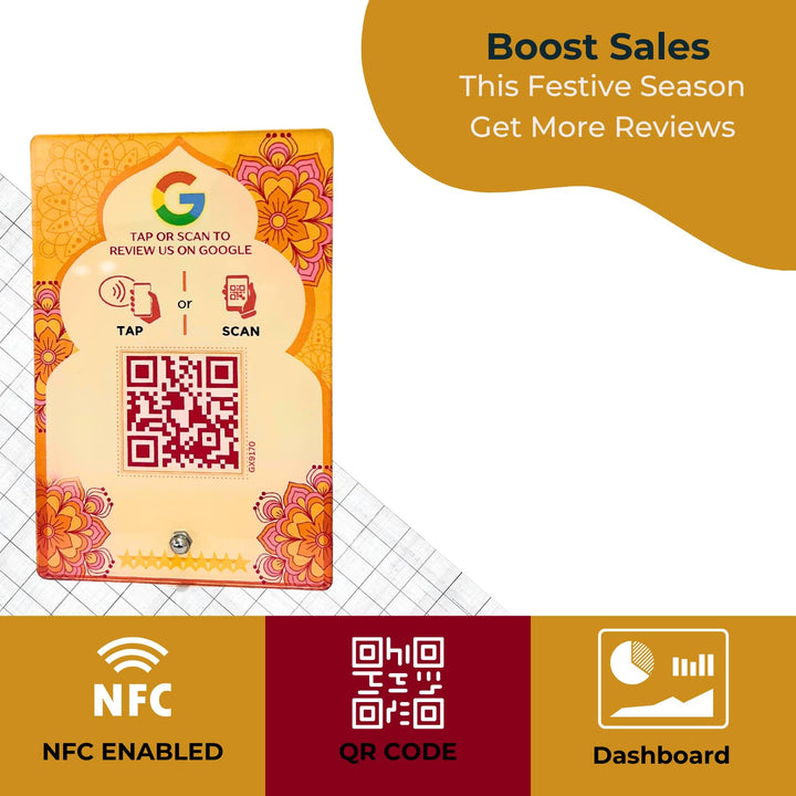 Diwali Edition Review NFC Standee with QR Code | Boost Business Reviews with Tap or Scan | Pre-Configured | UV Printed Acrylic | 4 Inches x 6 Inches | With Dashboard