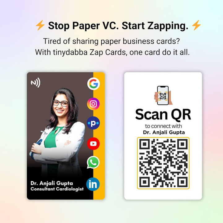 tinydabba Custom Photo Zap NFC Smart Digital Business Card for Doctors – Tap to Share Contact & Social Media Instantly | No App Needed | QR + NFC Card | Reusable Contactless Networking Card | PVC