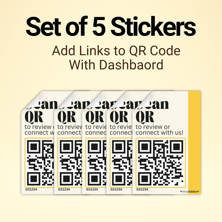 tinydabba Dynamic QR Code Stickers – Set of 5 Customizable 2x3 Inches Stickers with Dashboard – Scan to Connect, Review, Bio Links for Shops, Packaging, Restaurants, Offices