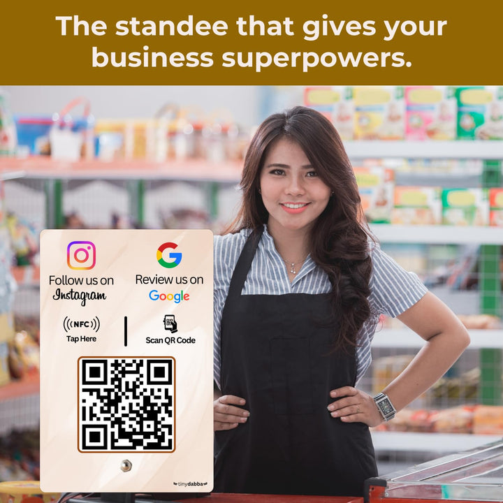 Review + Instagram 2-in-1 combo NFC Standee with QR Code | Boost Business Reviews with Tap or Scan | Pre-Configured | UV Printed Acrylic | 4 Inches x 6 Inches | With Dashboard