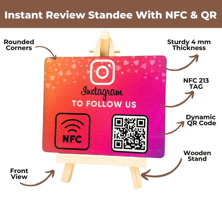 Wooden Instagrm NFC Standee with QR Code (With Wooden Stand) | Boost Business Reviews with Tap or Scan | Pre-Configured | UV Printed Wood MDF | 4 Inches x 5 Inches | With Dashboard